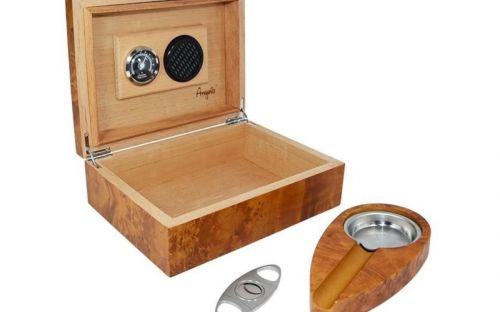 Humidor für 30 Zigarren, spanischer Zedernholz mit Befeuchter, Hygrometer - hellbraun bruyere + Geschenkset!