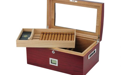 Gastrohumidor mit gewölbtem Glasdeckel, für 80 Zigarren, spanischer Zeder,  Befeuchter und digital Hygrometer - Achenty!