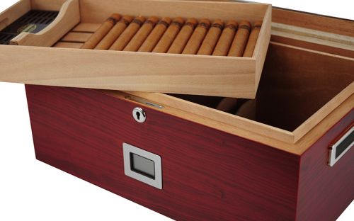 Gastrohumidor mit gewölbtem Glasdeckel, für 80 Zigarren, spanischer Zeder,  Befeuchter und digital Hygrometer - Achenty!
