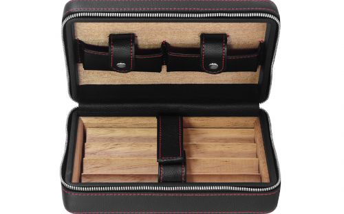Reisehumidor - für 4 Zigarren, schwarz Leder mit roten Nähten (20x13cm)