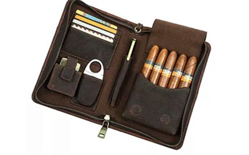 Reisetasche mit Zigarrenetui - echtes Leder, kaffeefarben